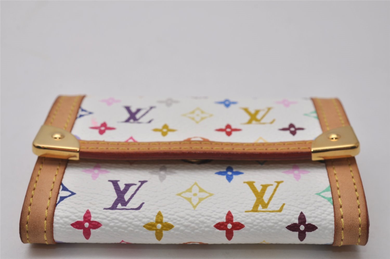 Auth Louis Vuitton Monogram Multicolor Porte Monnaie Plat Coin Purse White 9593I