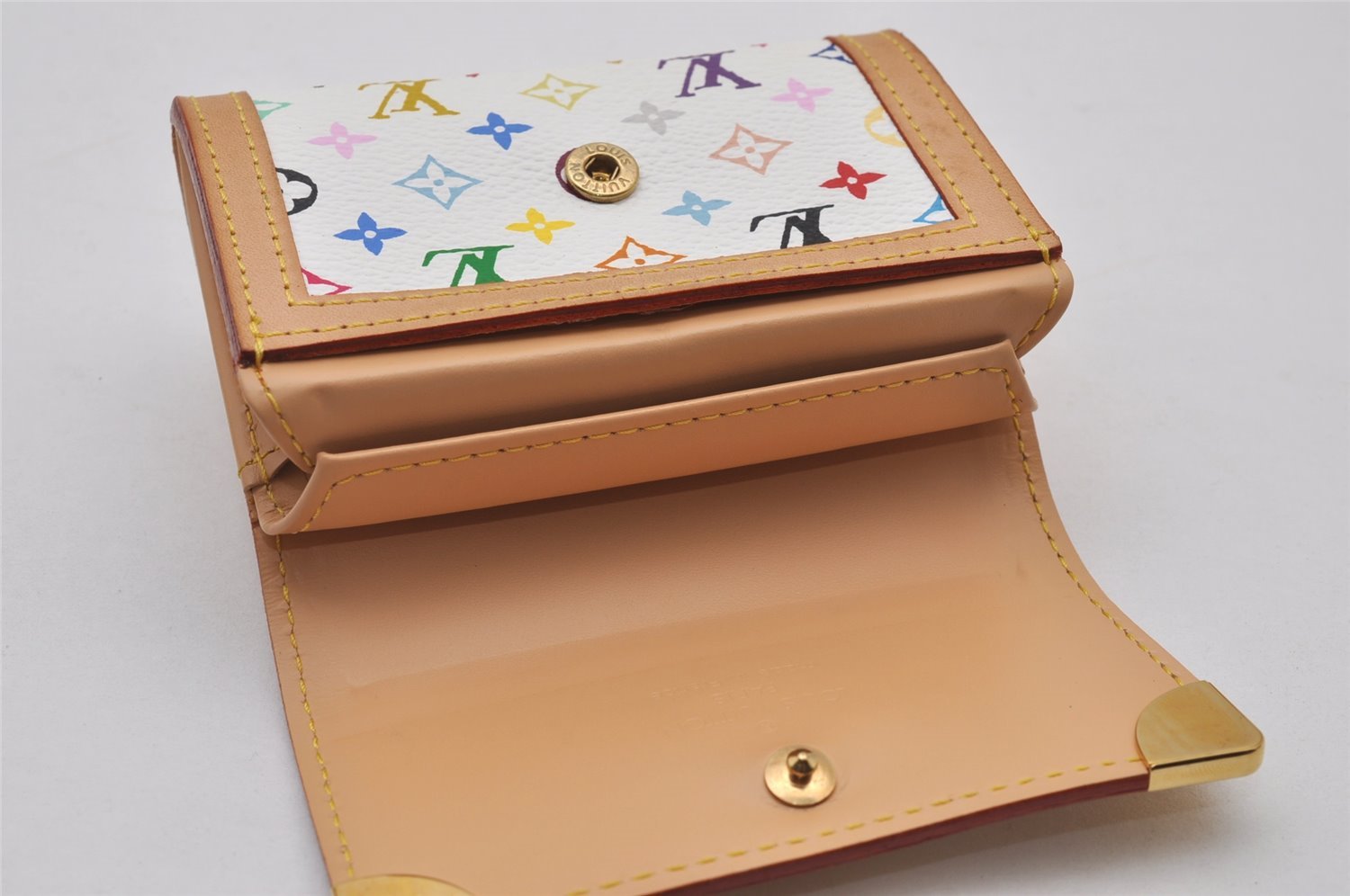 Auth Louis Vuitton Monogram Multicolor Porte Monnaie Plat Coin Purse White 9593I