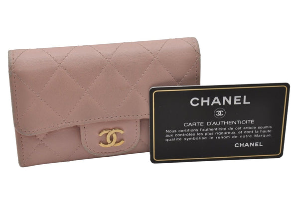 Authentic CHANEL Calf Skin Matelasse Card Case Wallet Purse CC Logo Pink 9595I