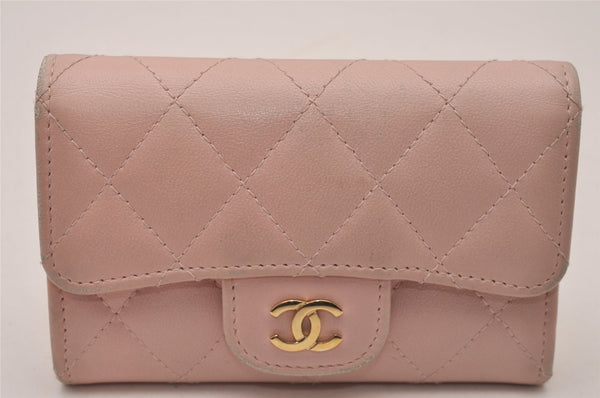 Authentic CHANEL Calf Skin Matelasse Card Case Wallet Purse CC Logo Pink 9595I