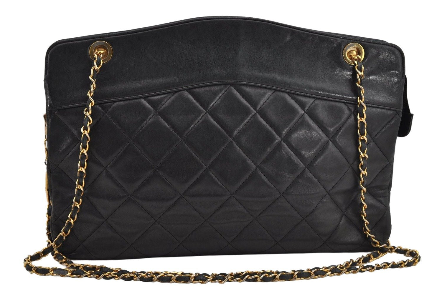 Authentic CHANEL Vintage Calf Skin Matelasse Chain Shoulder Bag Black CC 9596J