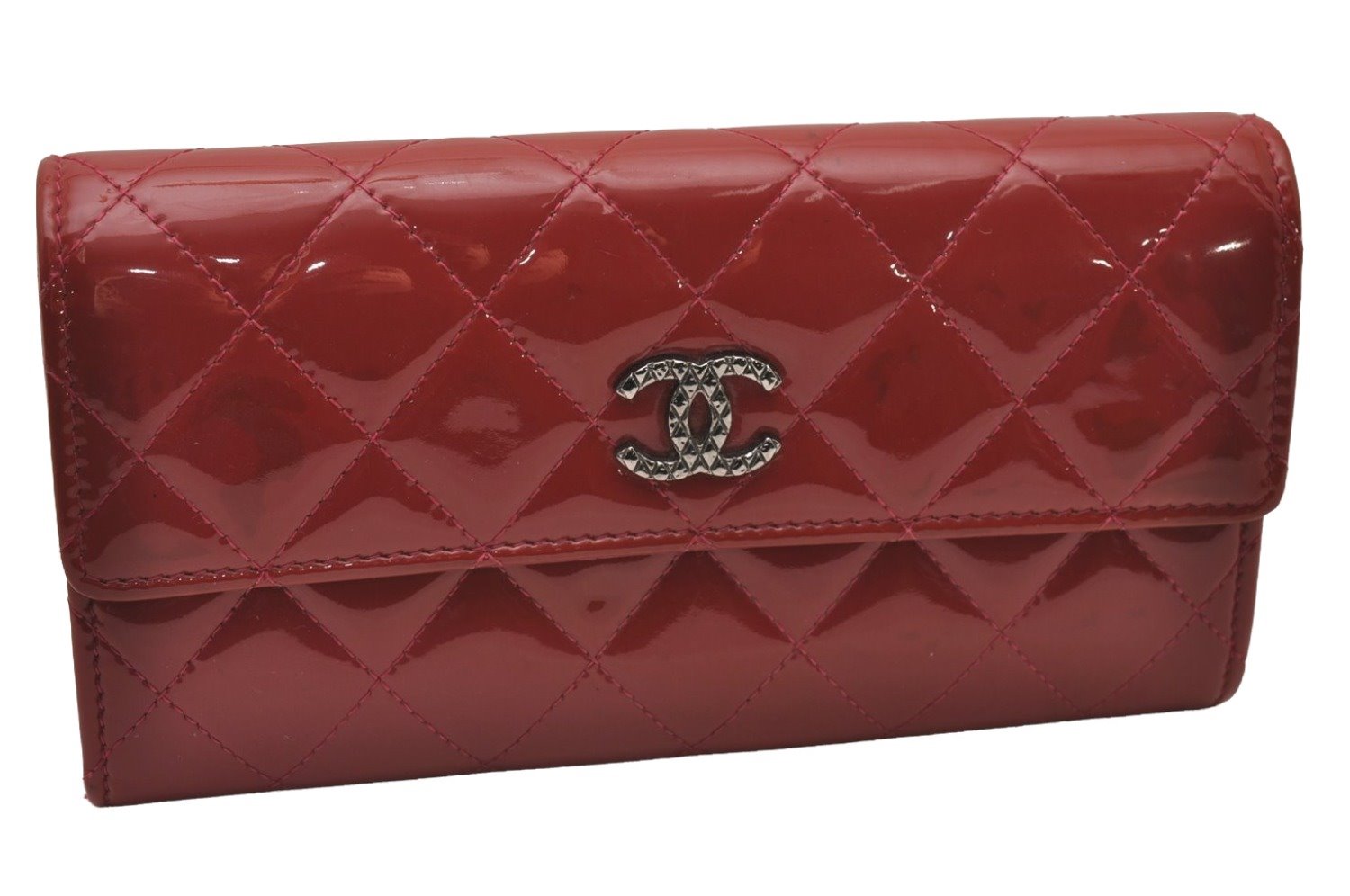 Authentic CHANEL Brilliant Enamel Matelasse Long Wallet Purse Red CC 9597I