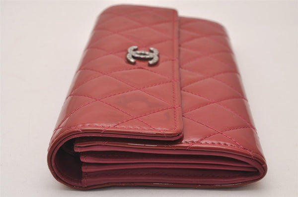 Authentic CHANEL Brilliant Enamel Matelasse Long Wallet Purse Red CC 9597I