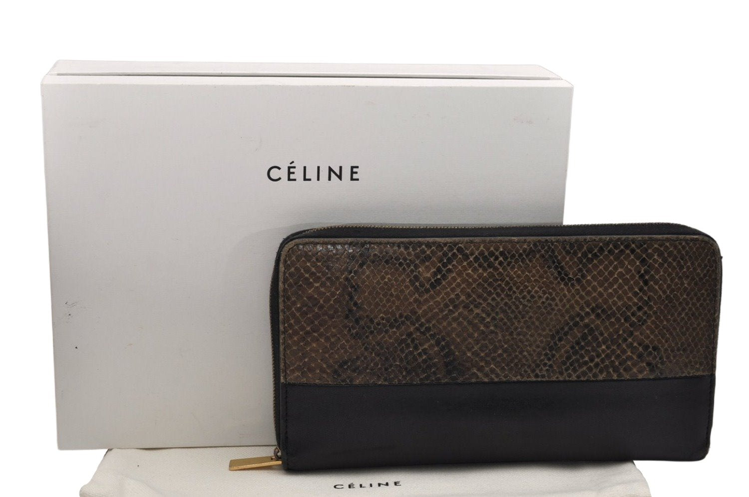 Authentic CELINE Vintage Zip Long Wallet Purse Leather Black Brown Box 9597J