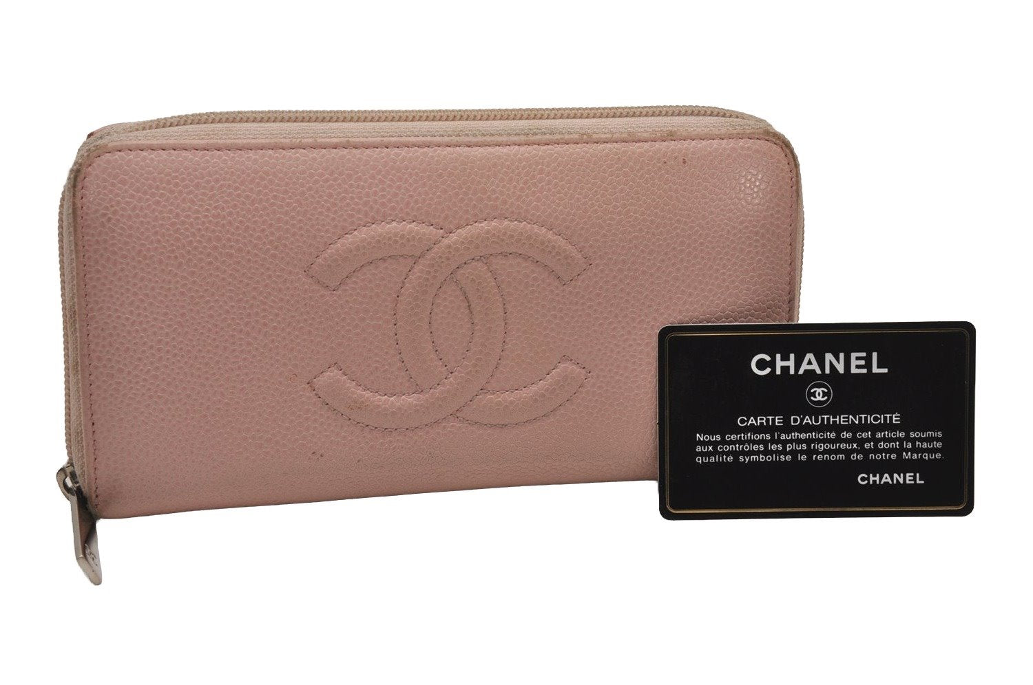 Authentic CHANEL Caviar Skin CoCo Mark Round Zip Long Wallet Pink 9598I