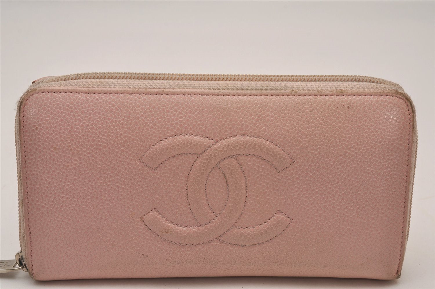 Authentic CHANEL Caviar Skin CoCo Mark Round Zip Long Wallet Pink 9598I