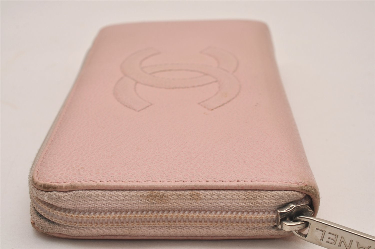 Authentic CHANEL Caviar Skin CoCo Mark Round Zip Long Wallet Pink 9598I