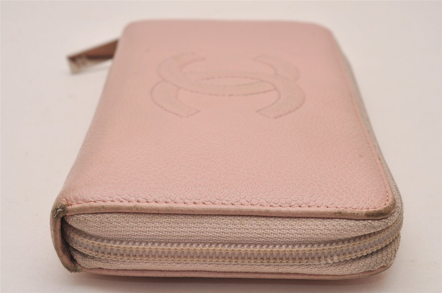 Authentic CHANEL Caviar Skin CoCo Mark Round Zip Long Wallet Pink 9598I