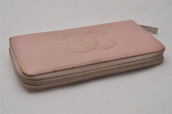 Authentic CHANEL Caviar Skin CoCo Mark Round Zip Long Wallet Pink 9598I