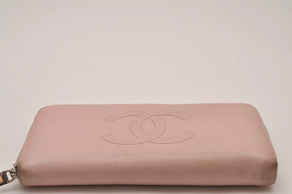 Authentic CHANEL Caviar Skin CoCo Mark Round Zip Long Wallet Pink 9598I