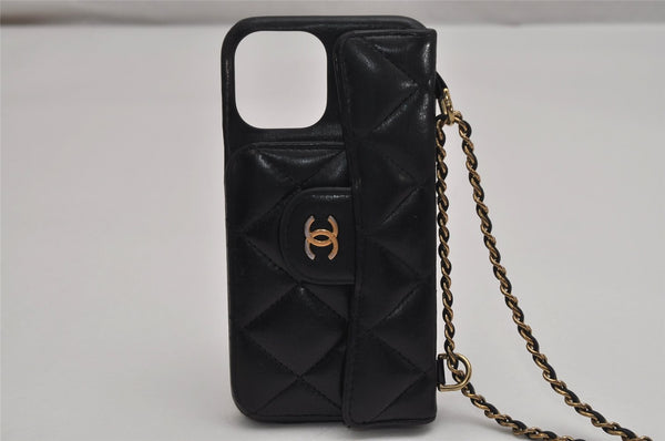 Authentic CHANEL Calf Skin Matelasse Chain iPhone 12 Pro Case Black CC Box 9599J