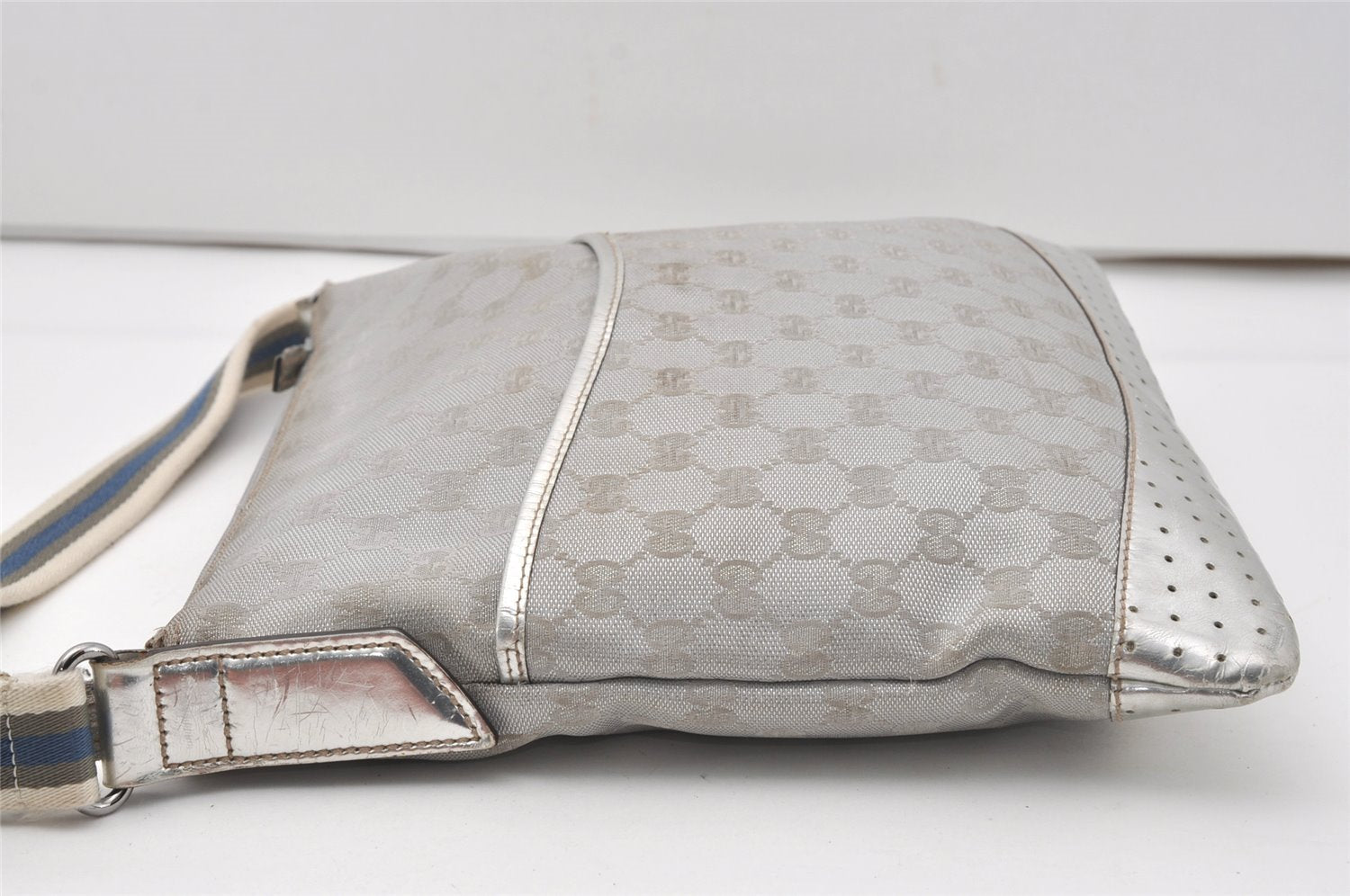 Authentic GUCCI Sherry Line Shoulder Bag GG Canvas Leather 145857 Silver 9603I