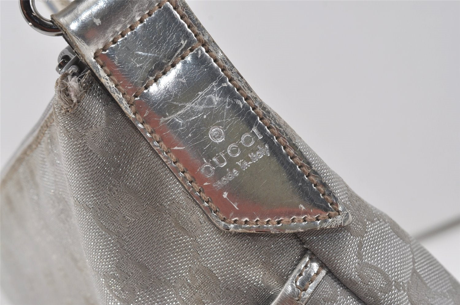 Authentic GUCCI Sherry Line Shoulder Bag GG Canvas Leather 145857 Silver 9603I