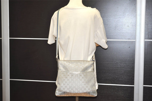 Authentic GUCCI Sherry Line Shoulder Bag GG Canvas Leather 145857 Silver 9603I