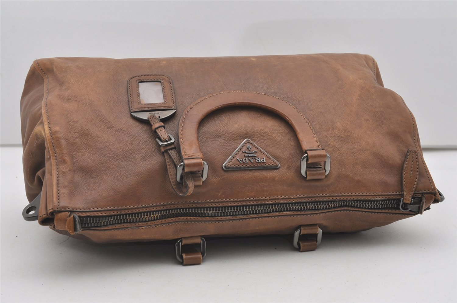 Authentic PRADA Vintage Leather Nappa 2Way Hand Boston Bag Brown 9608I