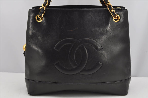 Authentic CHANEL Vintage Calf Skin Chain Shoulder Hand Bag Black CC Logo 9612J