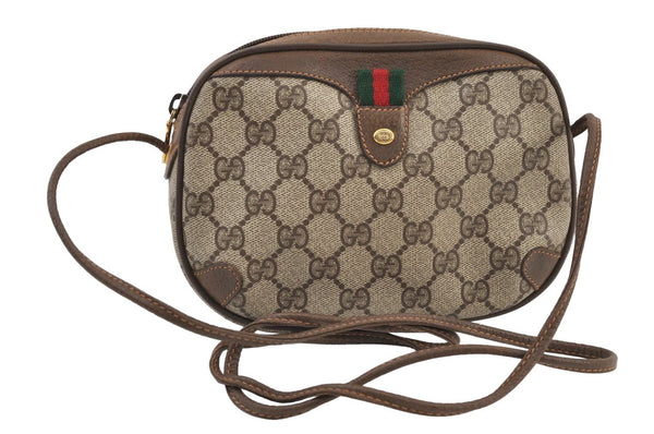 Authentic GUCCI Web Sherry Line Shoulder Bag GG PVC Leather Brown Junk 9618I
