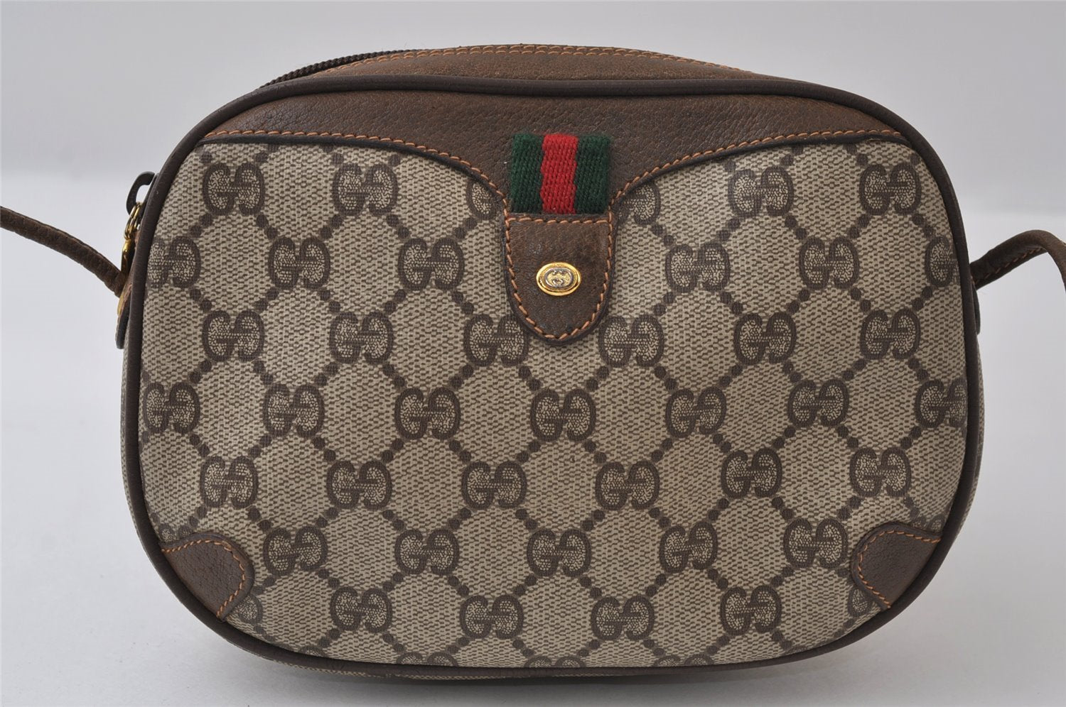 Authentic GUCCI Web Sherry Line Shoulder Bag GG PVC Leather Brown Junk 9618I