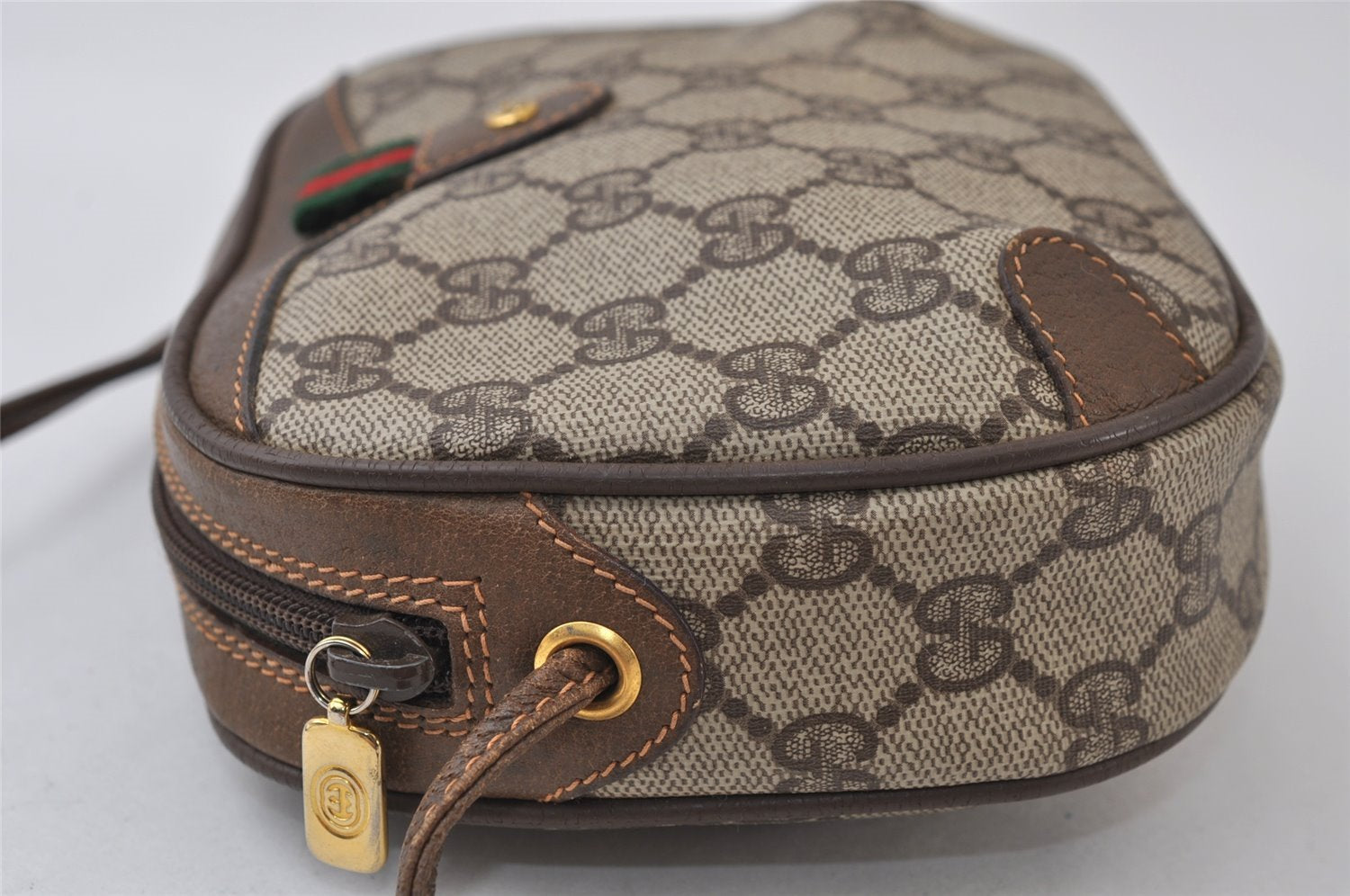 Authentic GUCCI Web Sherry Line Shoulder Bag GG PVC Leather Brown Junk 9618I