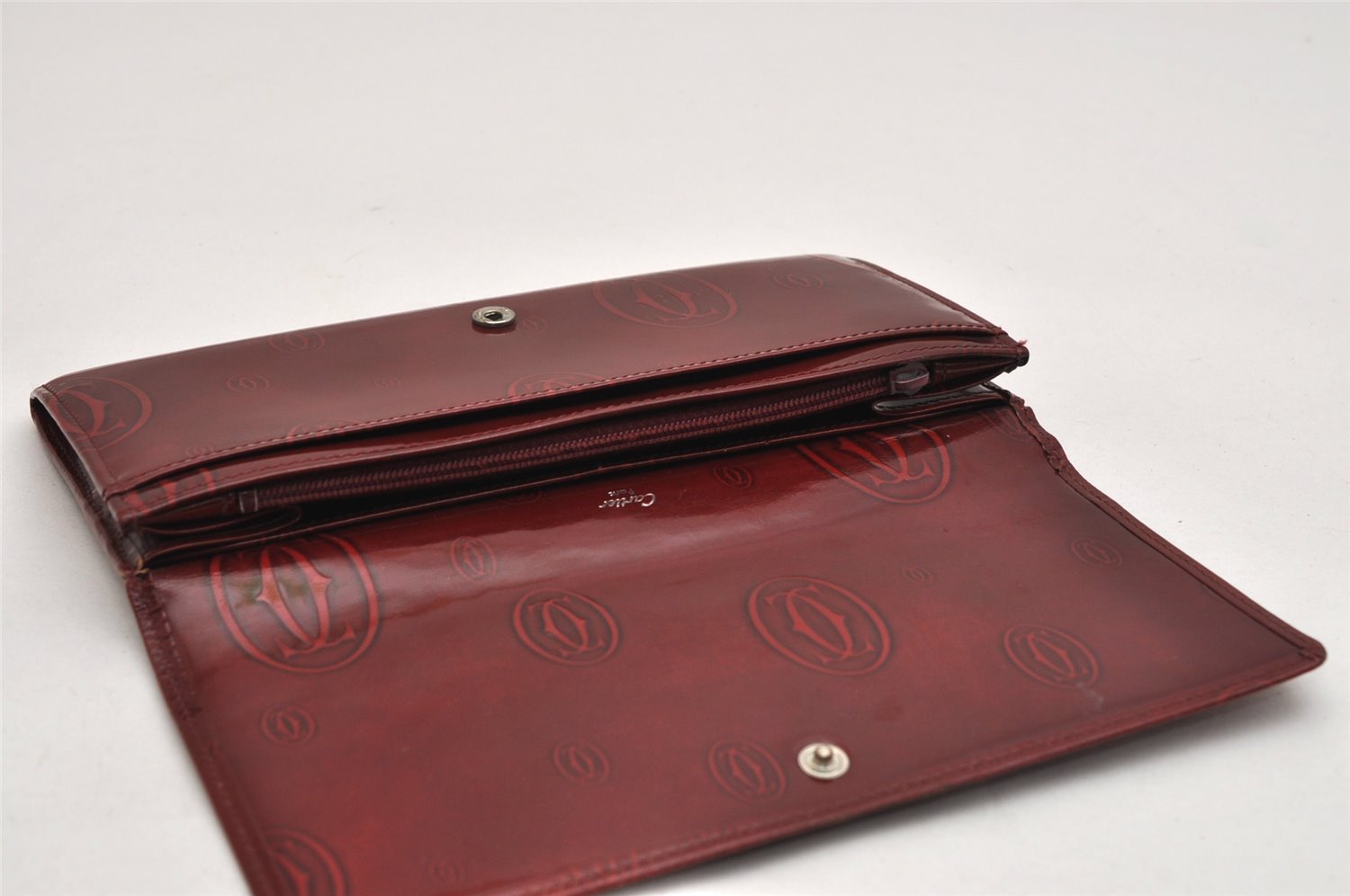 Authentic Cartier Happy Birthday Long Wallet Enamel Bordeaux Red Junk 9619J