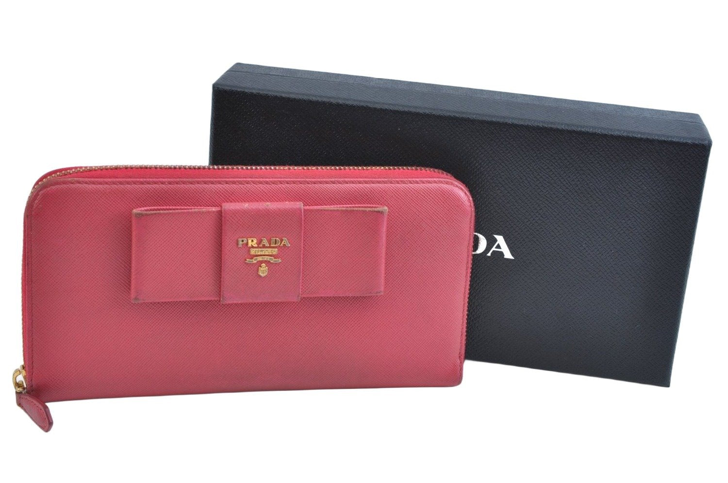 Authentic PRADA Saffiano Ribbon Leather Long Wallet Purse Pink Box 9625J