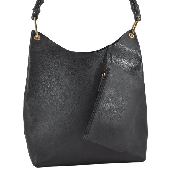 Authentic GUCCI Vintage Bamboo Shoulder Bag Purse Leather Black 9631I