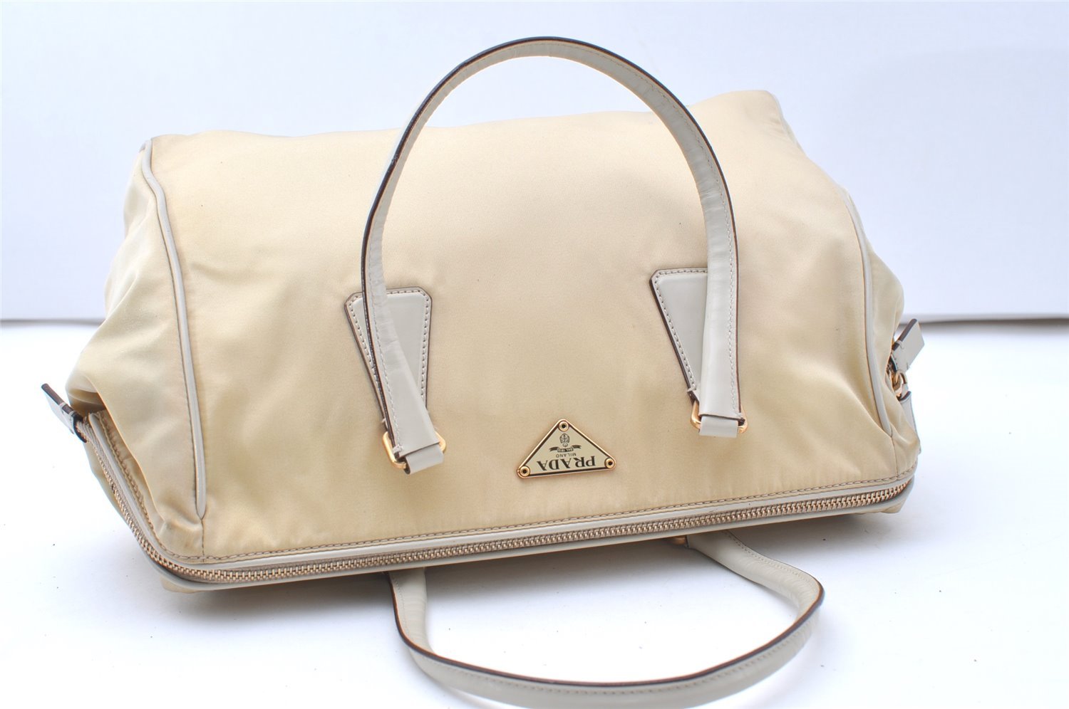 Authentic PRADA Nylon Tessuto Leather Shoulder Hand Bag Purse Beige 9632I