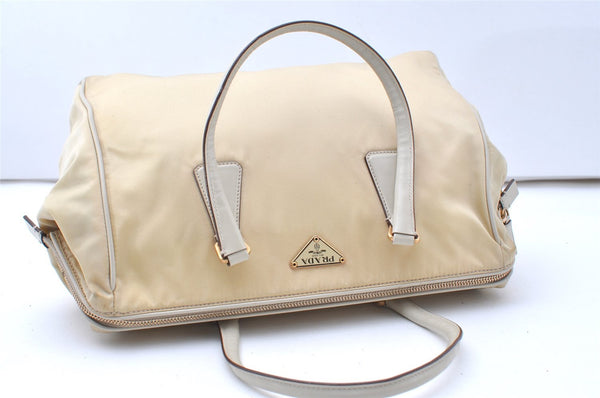 Authentic PRADA Nylon Tessuto Leather Shoulder Hand Bag Purse Beige 9632I