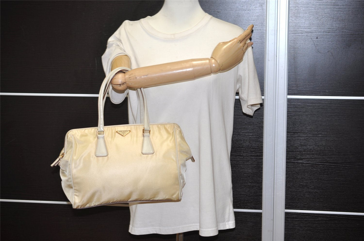 Authentic PRADA Nylon Tessuto Leather Shoulder Hand Bag Purse Beige 9632I
