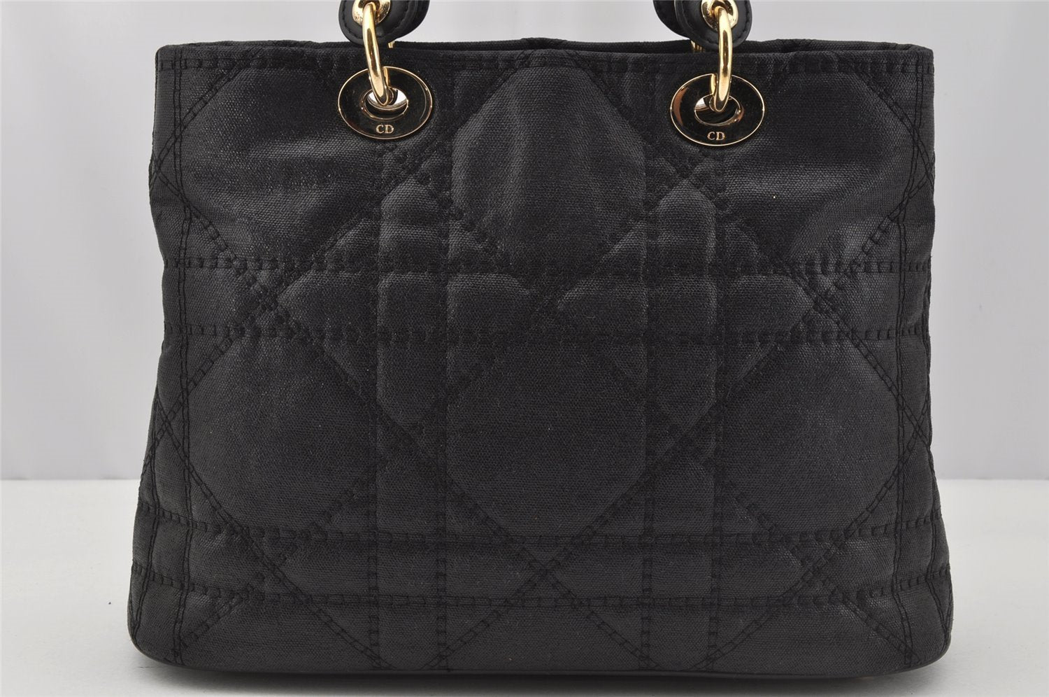Authentic Christian Dior Lady Dior PVC Leather Cannage Hand Bag Black CD 9633I