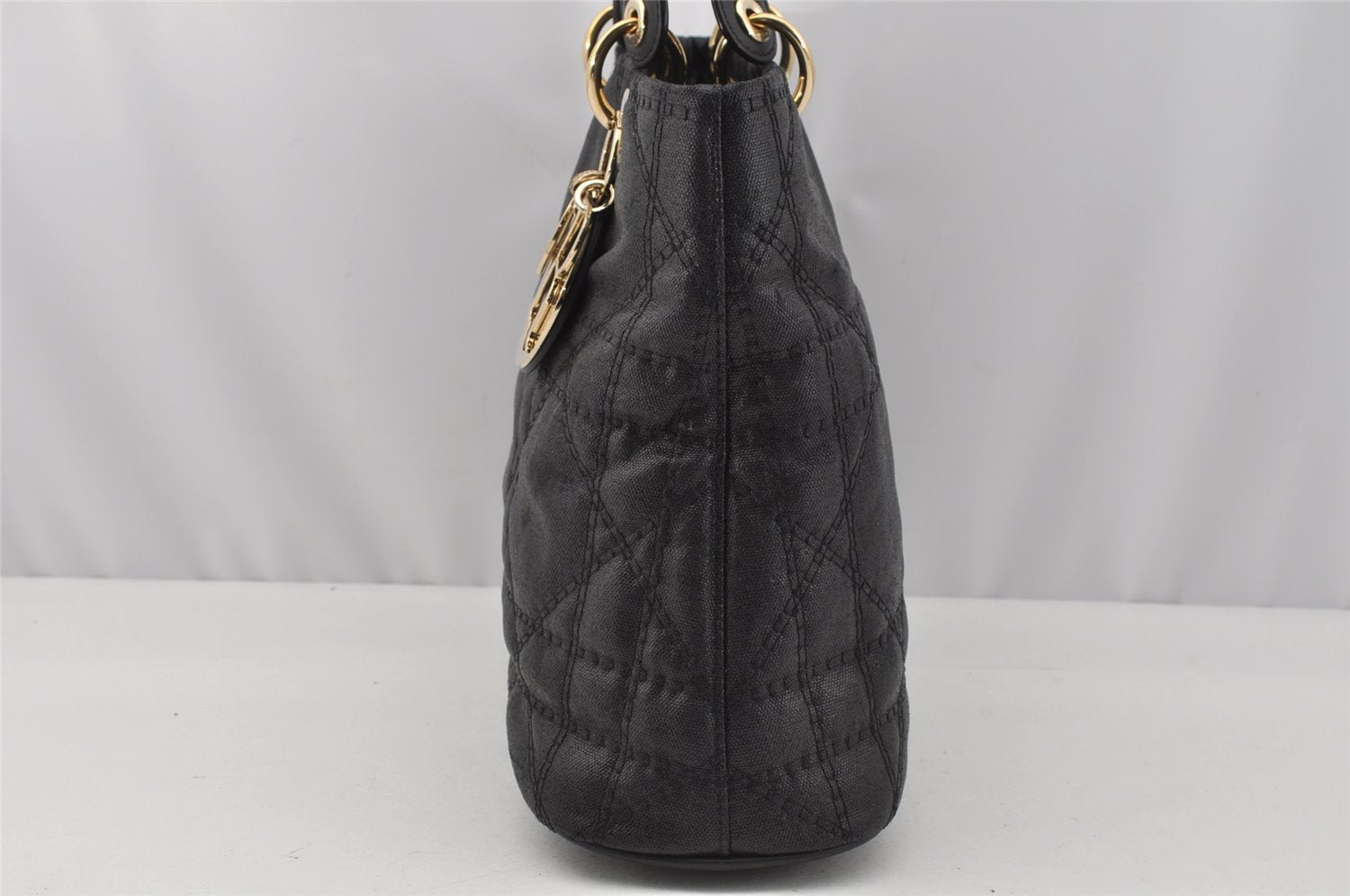 Authentic Christian Dior Lady Dior PVC Leather Cannage Hand Bag Black CD 9633I