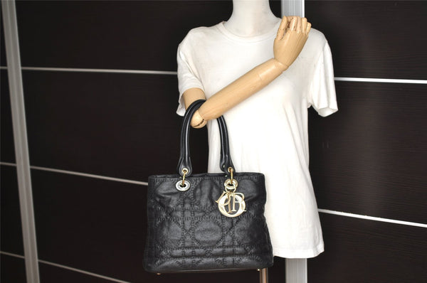 Authentic Christian Dior Lady Dior PVC Leather Cannage Hand Bag Black CD 9633I
