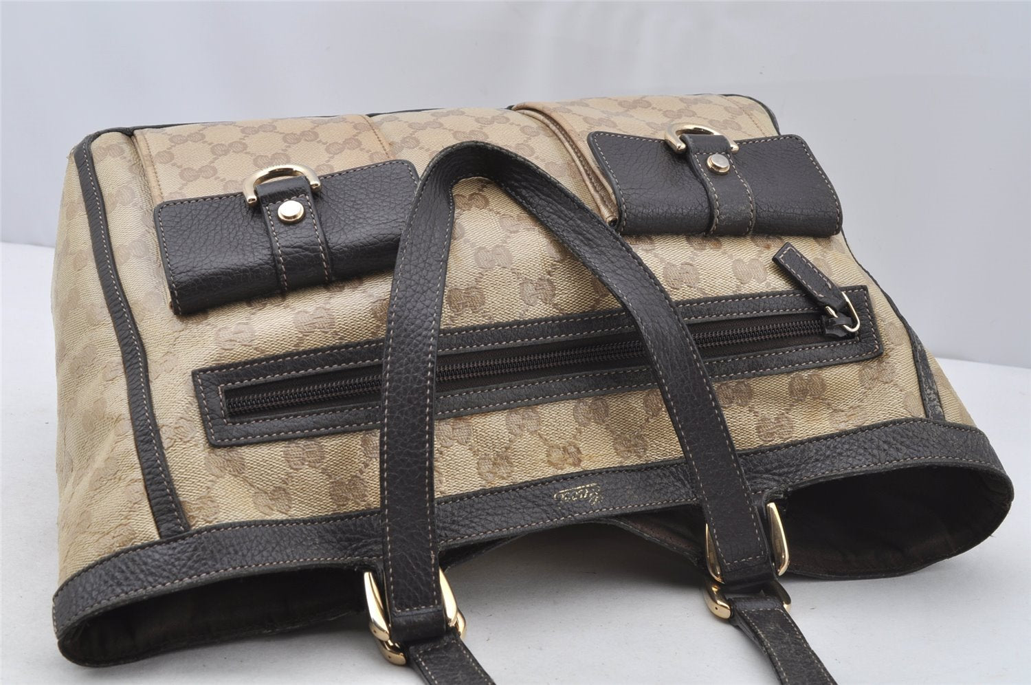 Authentic GUCCI GG Crystal Abbey Shoulder Tote Bag GG PVC Leather Brown 9634I