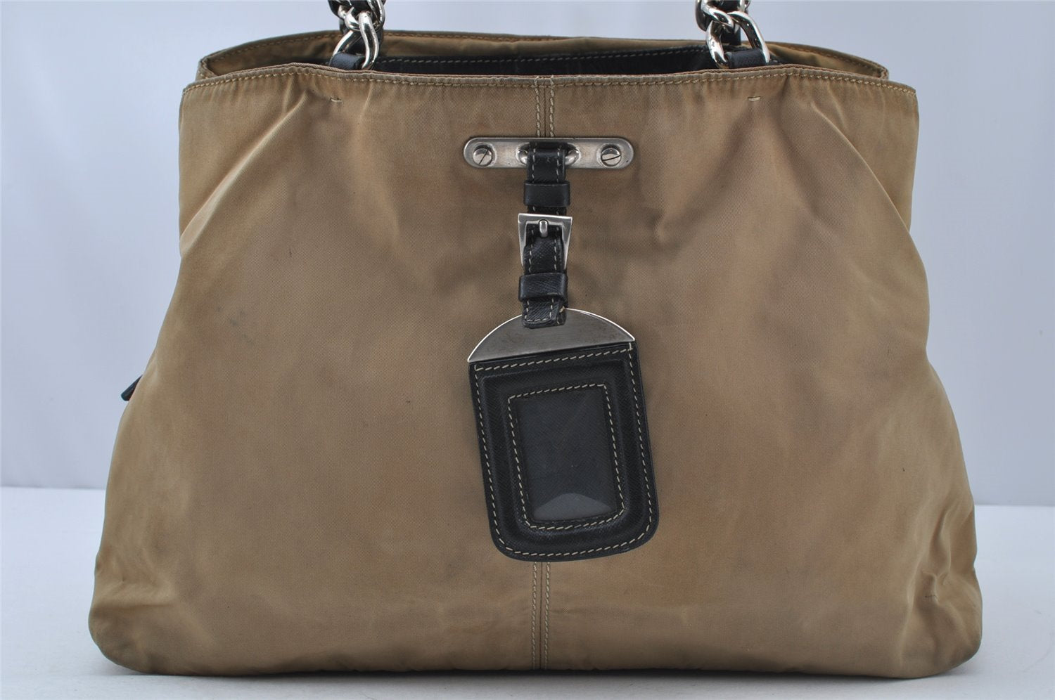 Authentic PRADA Nylon Tessuto Leather Chain Shoulder Hand Bag Beige 9635I