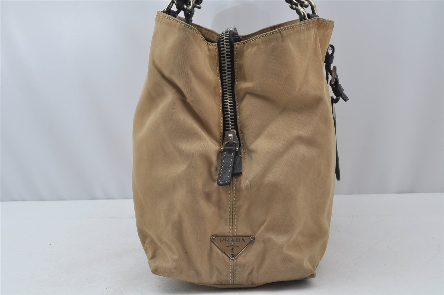 Authentic PRADA Nylon Tessuto Leather Chain Shoulder Hand Bag Beige 9635I