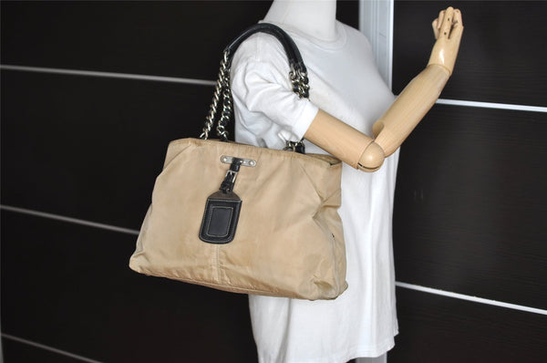 Authentic PRADA Nylon Tessuto Leather Chain Shoulder Hand Bag Beige 9635I