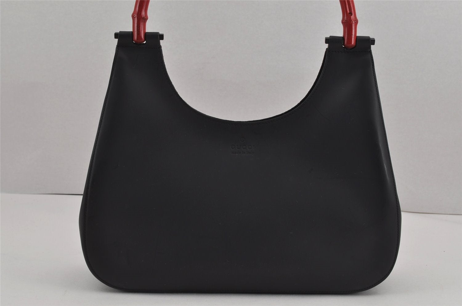 Authentic GUCCI Bamboo Vintage Shoulder Bag Leather 0013739 Black Red 9636J