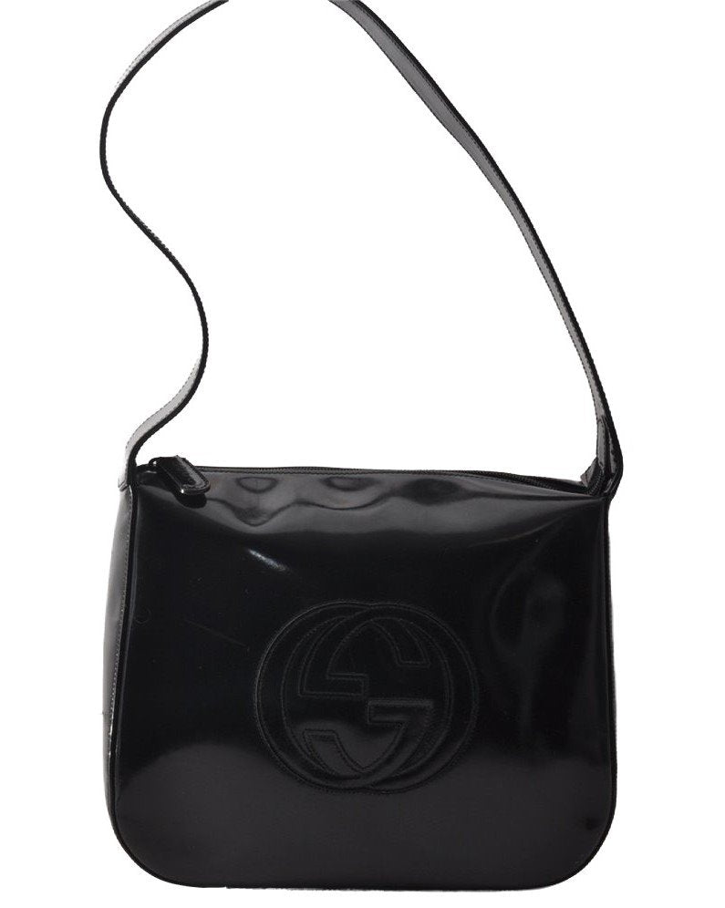 Authentic GUCCI Vintage Shoulder Hand Bag Purse Enamel Black Junk 9641I
