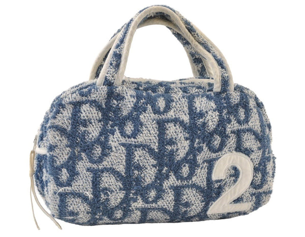 Authentic Christian Dior Trotter No.2 Hand Bag Purse Pile Blue White 9646I