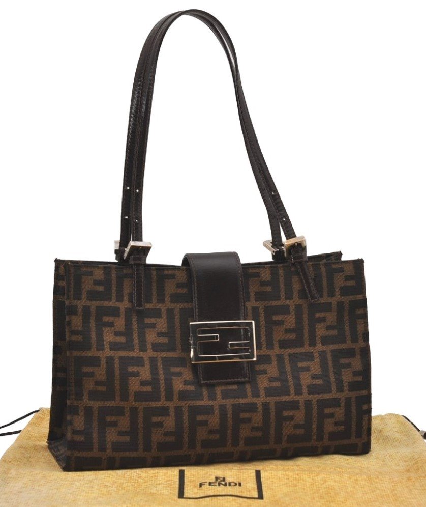 Authentic FENDI Zucca Vintage Shoulder Tote Bag Purse Canvas Leather Brown 9652I