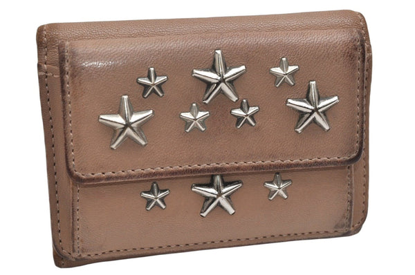 Authentic JIMMY CHOO Vintage Star Studs Leather Trifold Wallet Purse Beige 9652J