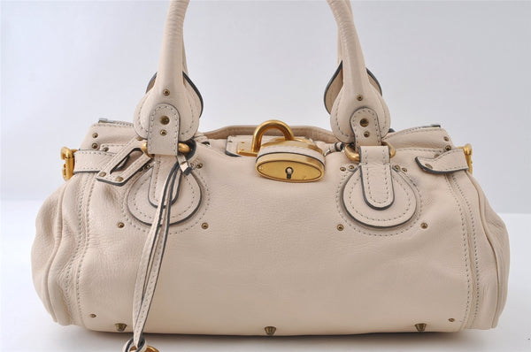 Authentic Chloe Vintage Paddington Leather Shoulder Hand Bag Light Beige 9657I