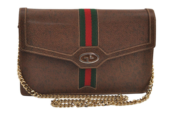 Authentic GUCCI Web Sherry Line Chain Shoulder Cross Bag Leather Brown 9659I