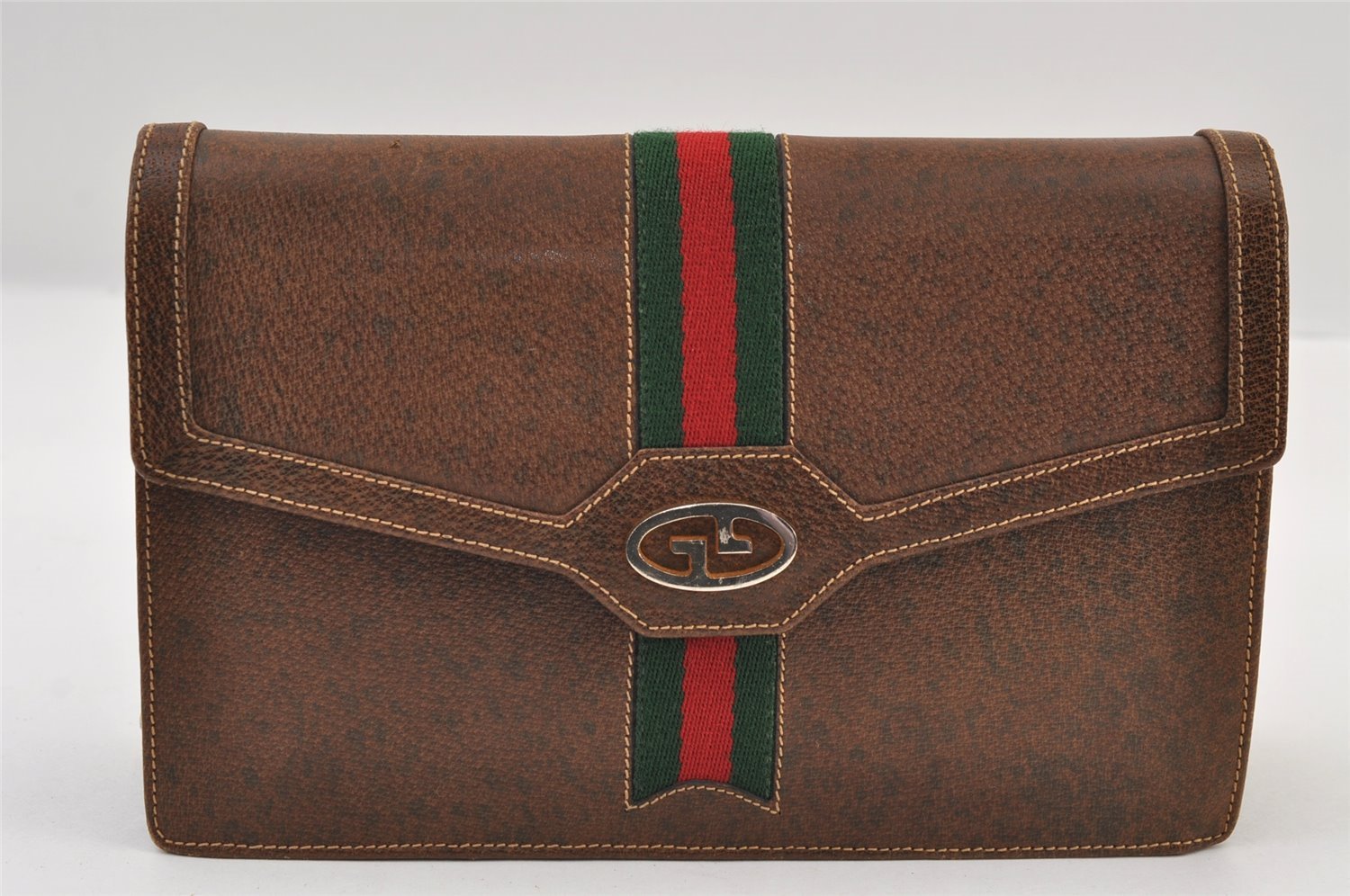 Authentic GUCCI Web Sherry Line Chain Shoulder Cross Bag Leather Brown 9659I