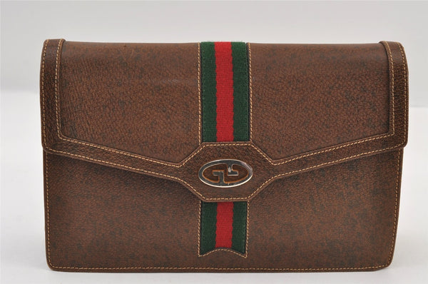 Authentic GUCCI Web Sherry Line Chain Shoulder Cross Bag Leather Brown 9659I