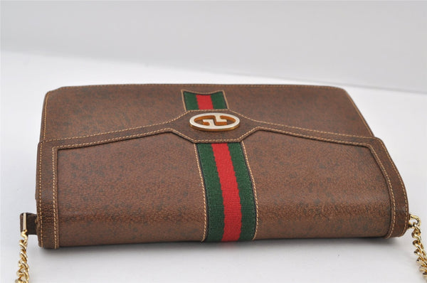 Authentic GUCCI Web Sherry Line Chain Shoulder Cross Bag Leather Brown 9659I