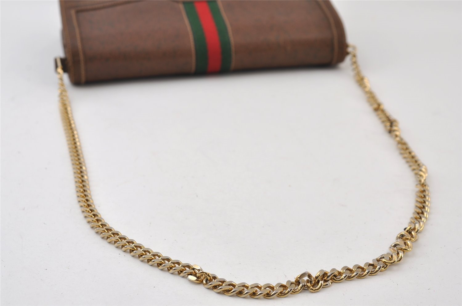 Authentic GUCCI Web Sherry Line Chain Shoulder Cross Bag Leather Brown 9659I