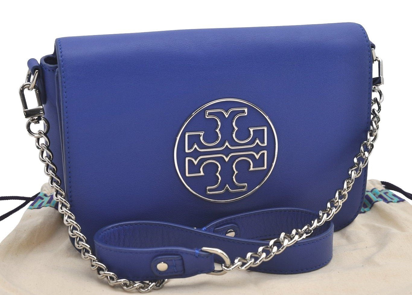 Authentic TORY BURCH Isabella Chain Shoulder Clutch Bag Purse Leather Blue 9660I