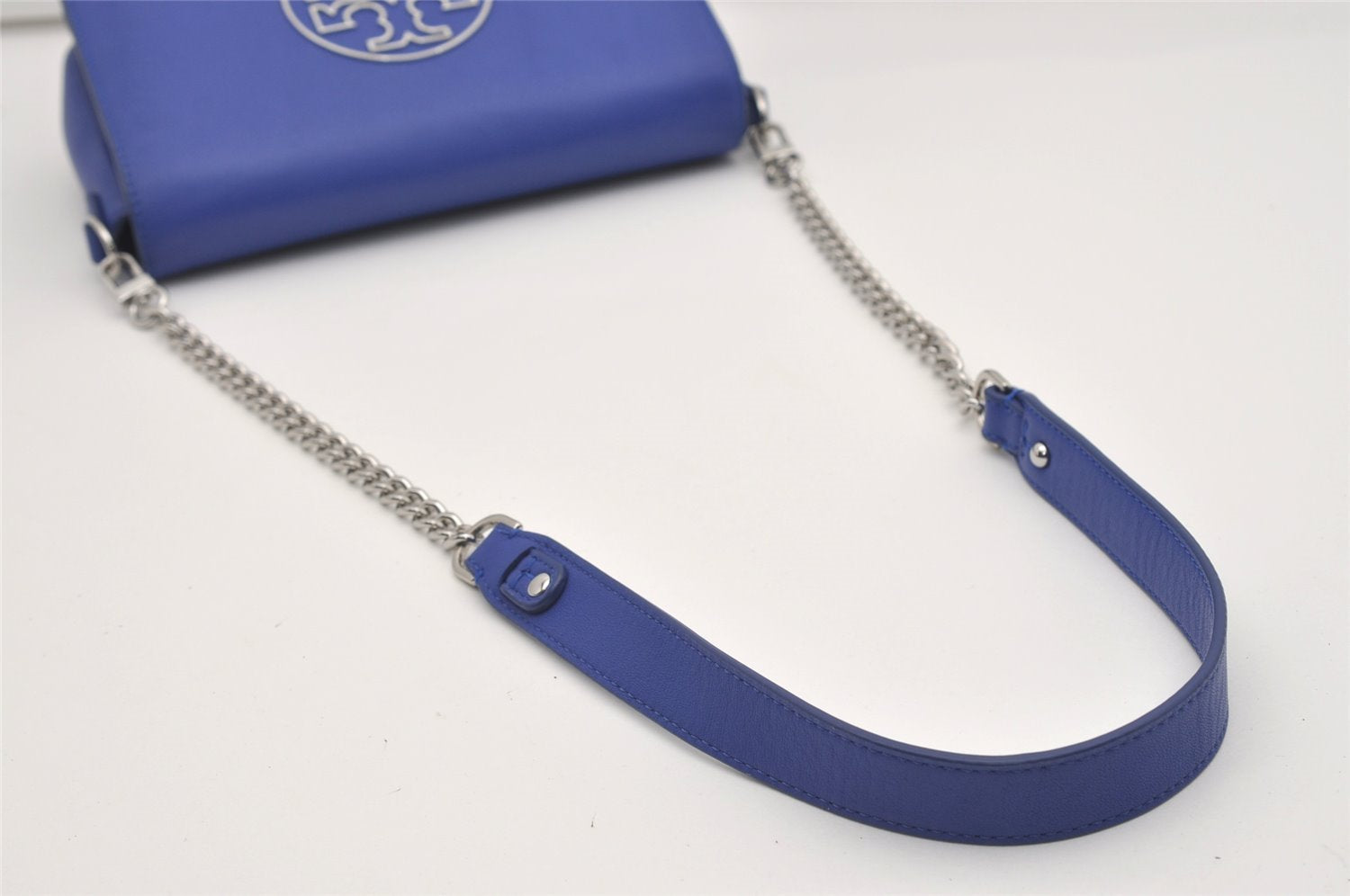 Authentic TORY BURCH Isabella Chain Shoulder Clutch Bag Purse Leather Blue 9660I