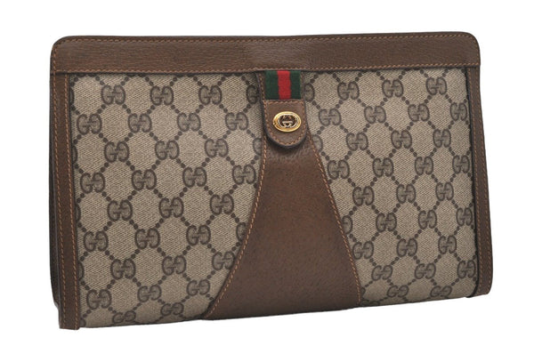 Authentic GUCCI Web Sherry Line Clutch Hand Bag Purse GG PVC Leather Brown 9661I
